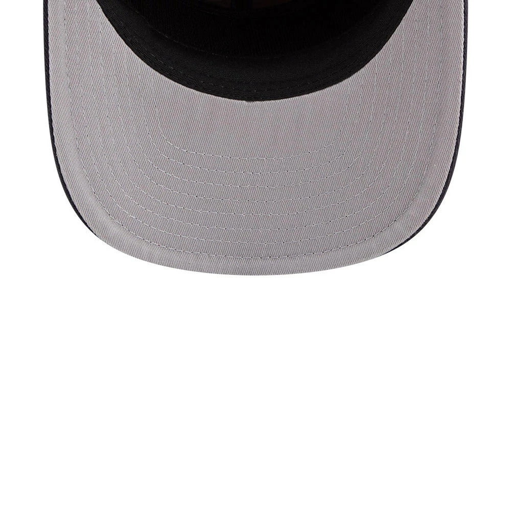 New York Yankees MLB Nylon Black New Era 19TWENTY Adjustable Cap, inside view showing a black sweatband, a grey undervisor with neat stitching details, and black interior taping along the edges of the structured crown.