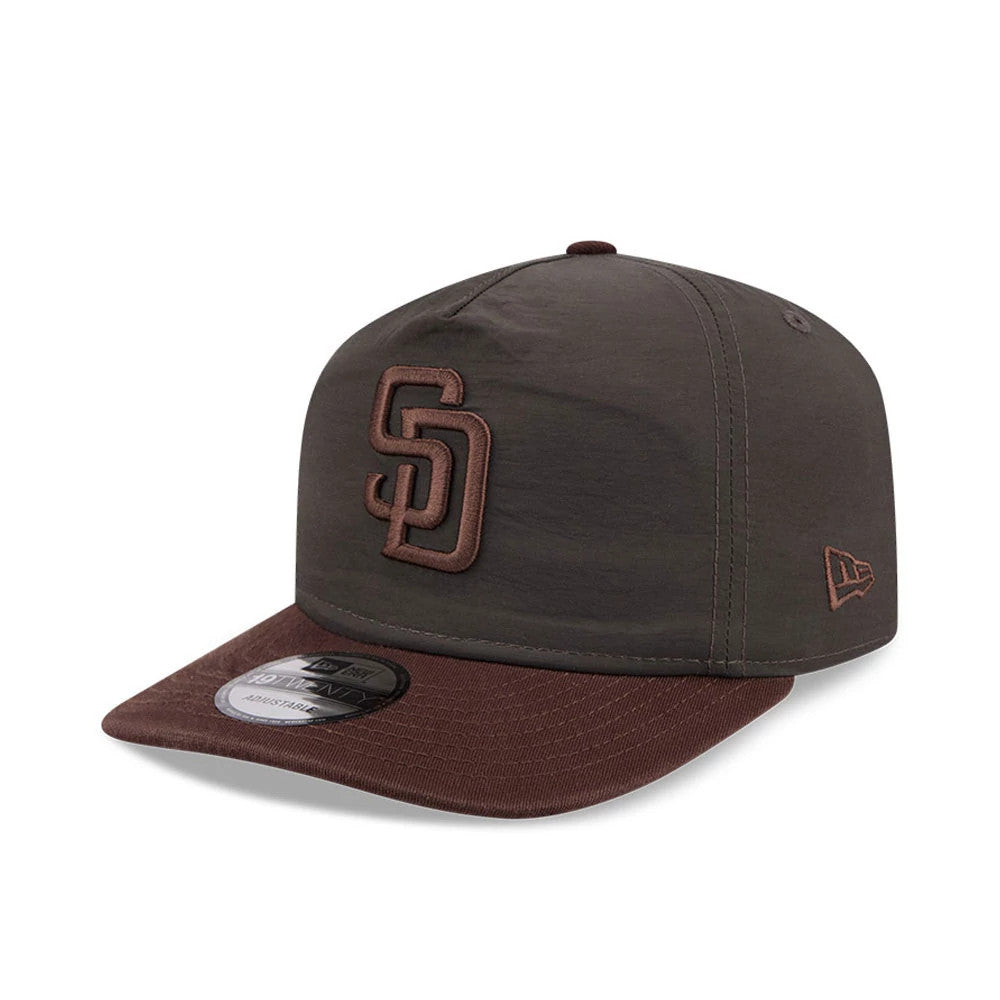 San Diego Padres MLB Nylon Black New Era 19TWENTY Adjustable Cap, three-quarter view showing raised brown SD logo on the front panel, maroon visor, and matching maroon New Era flag logo on the left side.