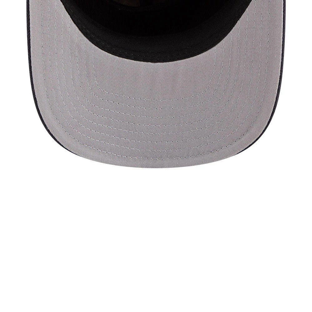 Detroit Tigers MLB Nylon Black New Era 19TWENTY Adjustable Cap, inside view showing the grey undervisor, contrasting black sweatband, and stitched taping in black around the structured interior, highlighting classic cap craftsmanship.