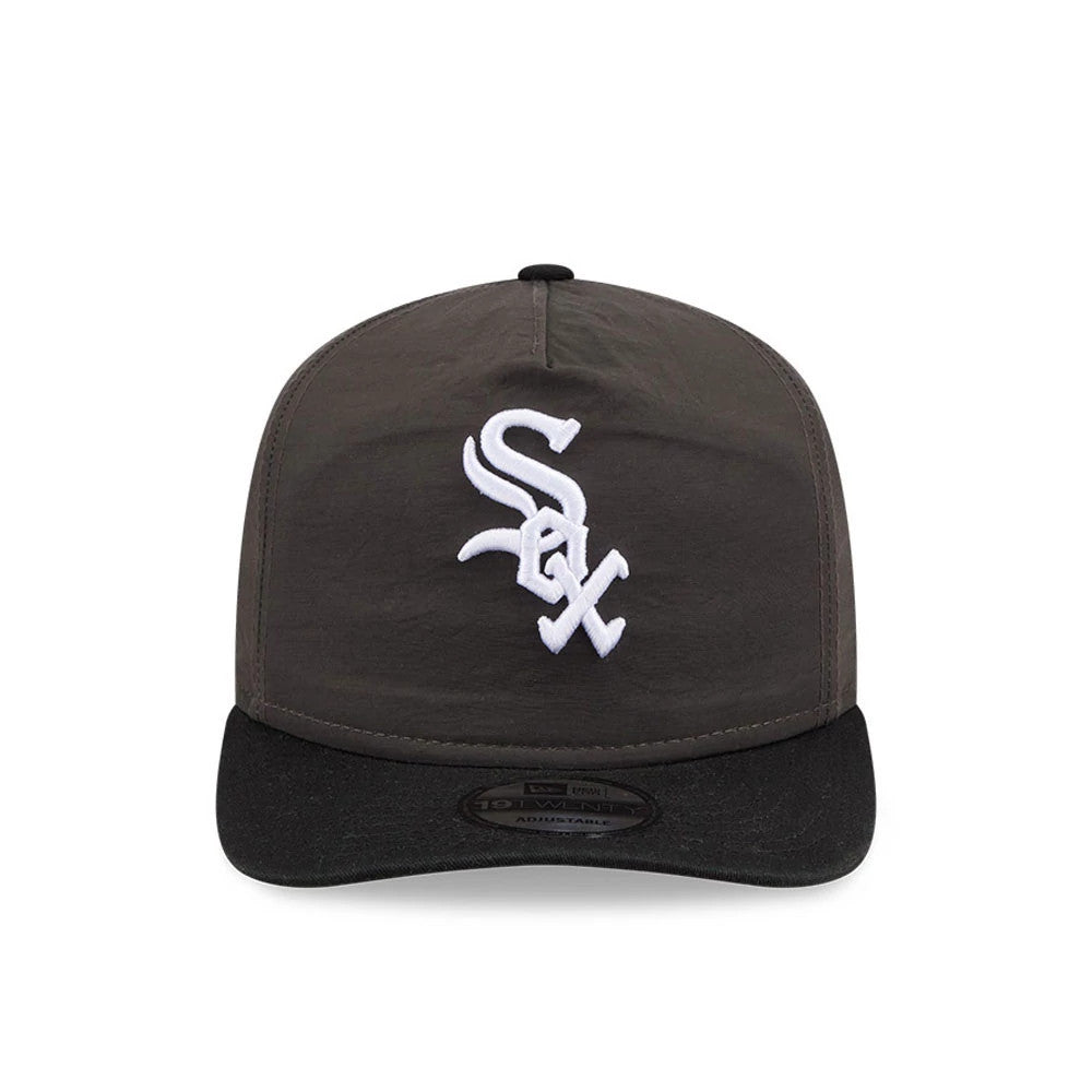 Chicago White Sox MLB Nylon Black New Era 19TWENTY Adjustable Cap, front view showing the white embroidered Sox logo on a structured black crown, with a curved black visor and a 19TWENTY size sticker on the visor.