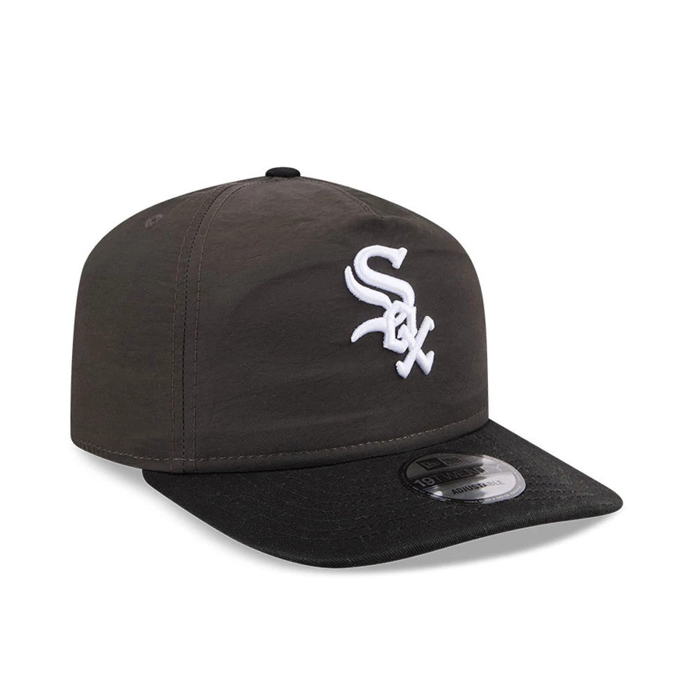 Chicago White Sox MLB Nylon Black New Era 19TWENTY Adjustable Cap, front view showing the white embroidered Sox logo on the front panel, with a black visor and a 19TWENTY size sticker on the visor.