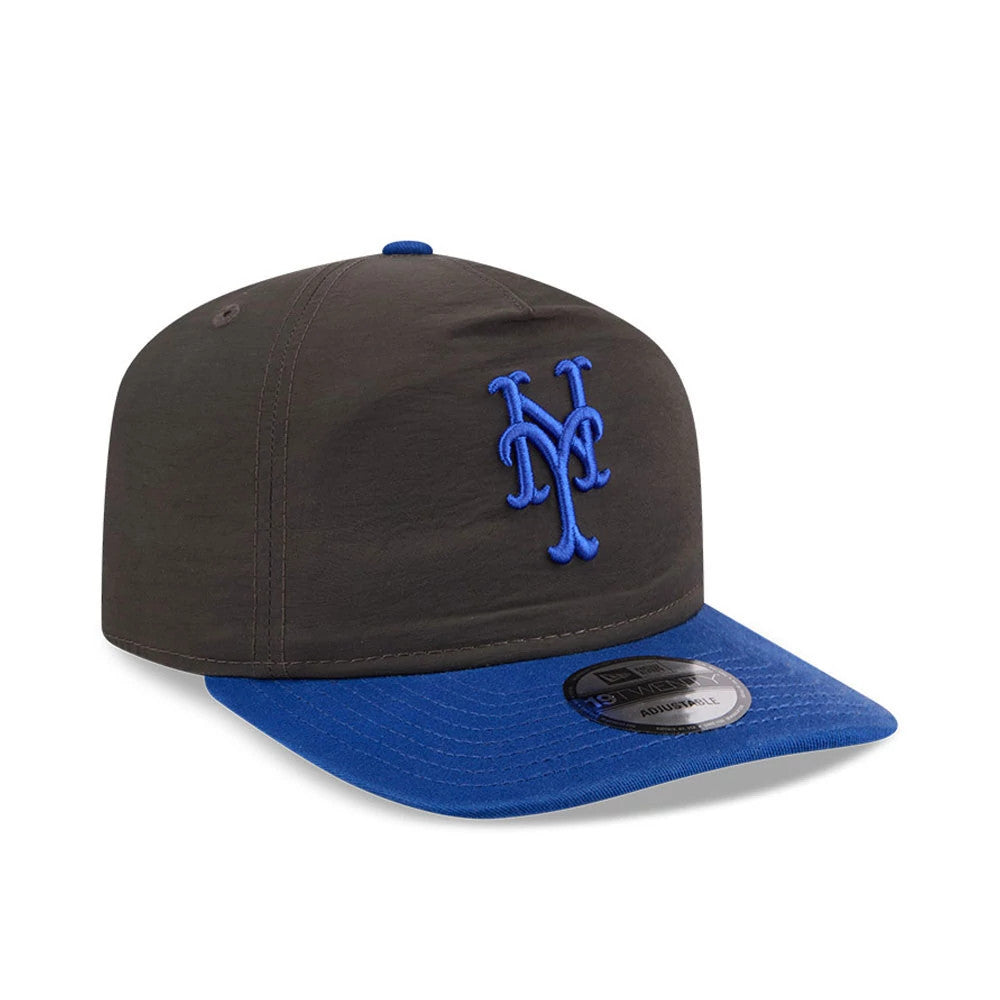 New York Mets MLB Nylon Black New Era 19TWENTY Adjustable Cap, front view showing a raised blue embroidered Mets logo on the black crown, a blue flat visor with a 19TWENTY size sticker, and a matching blue top button.