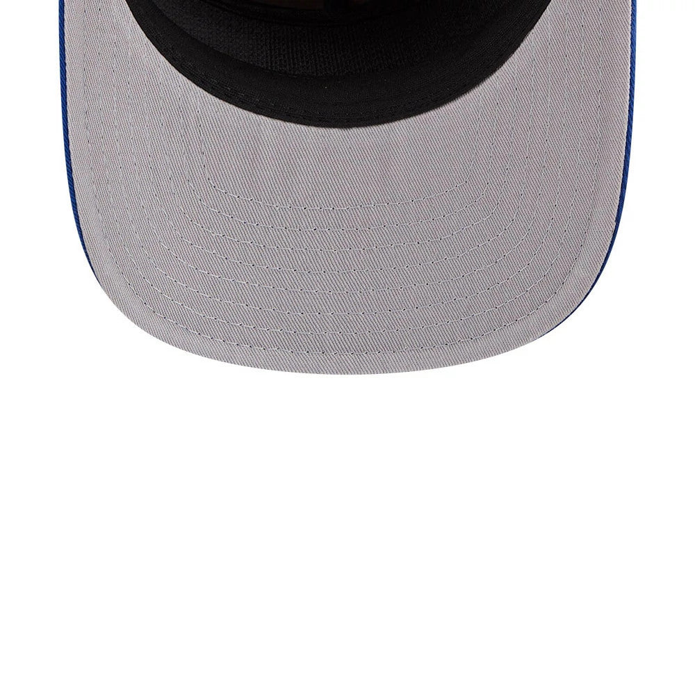 New York Mets MLB Nylon Black New Era 19TWENTY Adjustable Cap, inside view showing the light grey undervisor and black inner crown against the structured panel design, highlighting the stitching and reinforced construction.