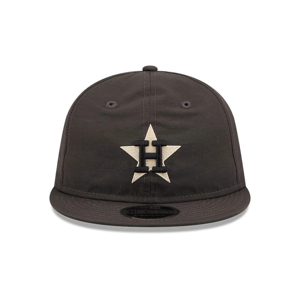 Houston Astros MLB Nylon Black Retro Crown New Era 9FIFTY Adjustable Cap, front view showing a black and white embroidered star logo with an H on the front panel, black curved visor and black 9FIFTY size sticker.