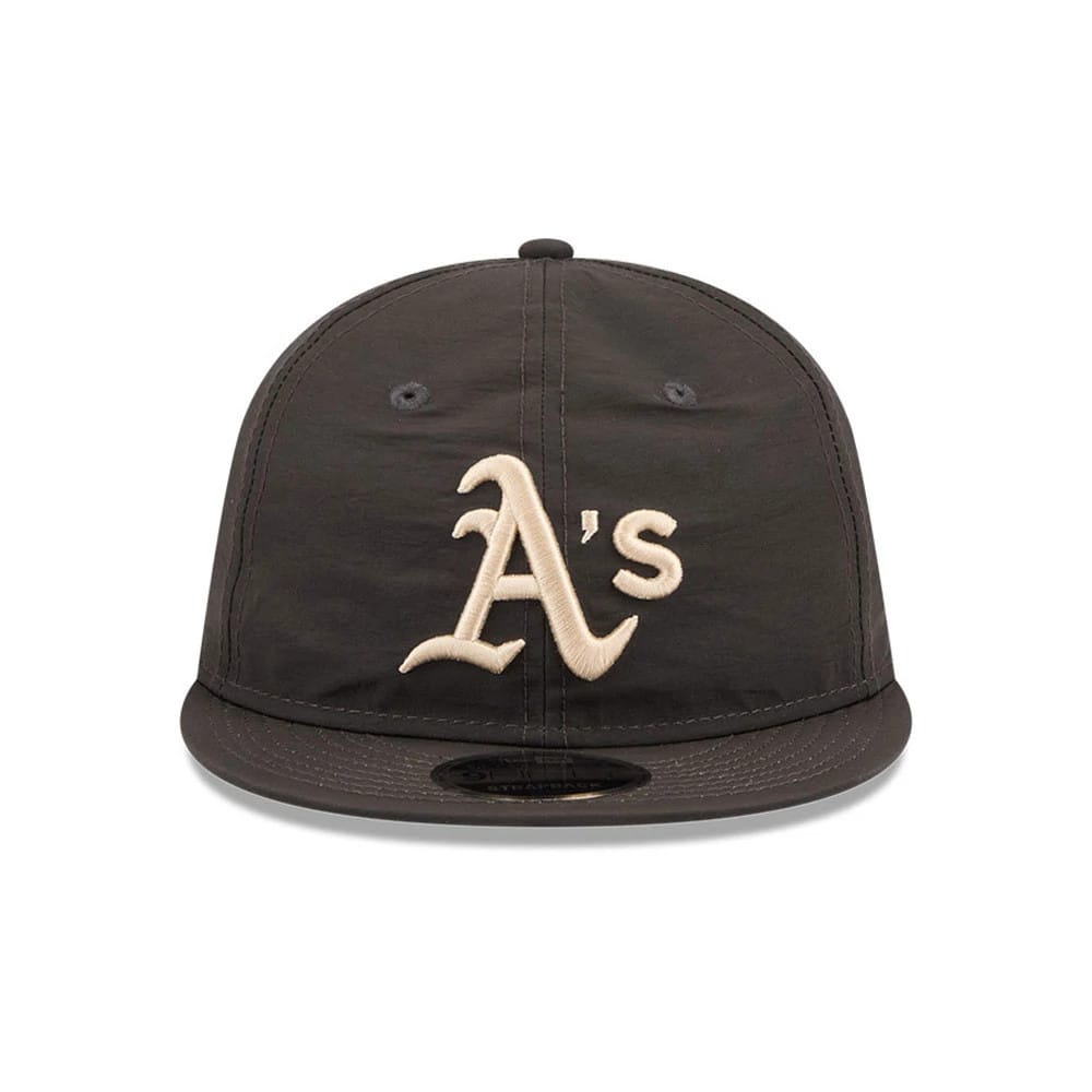 Athletics MLB Nylon Black Retro Crown New Era 9FIFTY Adjustable Cap, front view showing the raised beige embroidered A's logo on the black structured crown, black flat visor with a 9FIFTY size sticker, and matching top button.