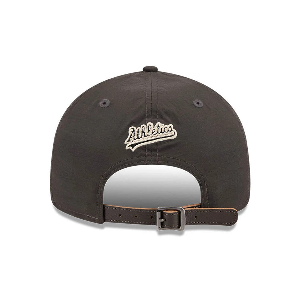 Athletics MLB Nylon Black Retro Crown New Era 9FIFTY Adjustable Cap, rear view showing the embroidered Athletics logo in cream on the centre back, with a black buckle strap closure and a noticeable top button on the black nylon crown.