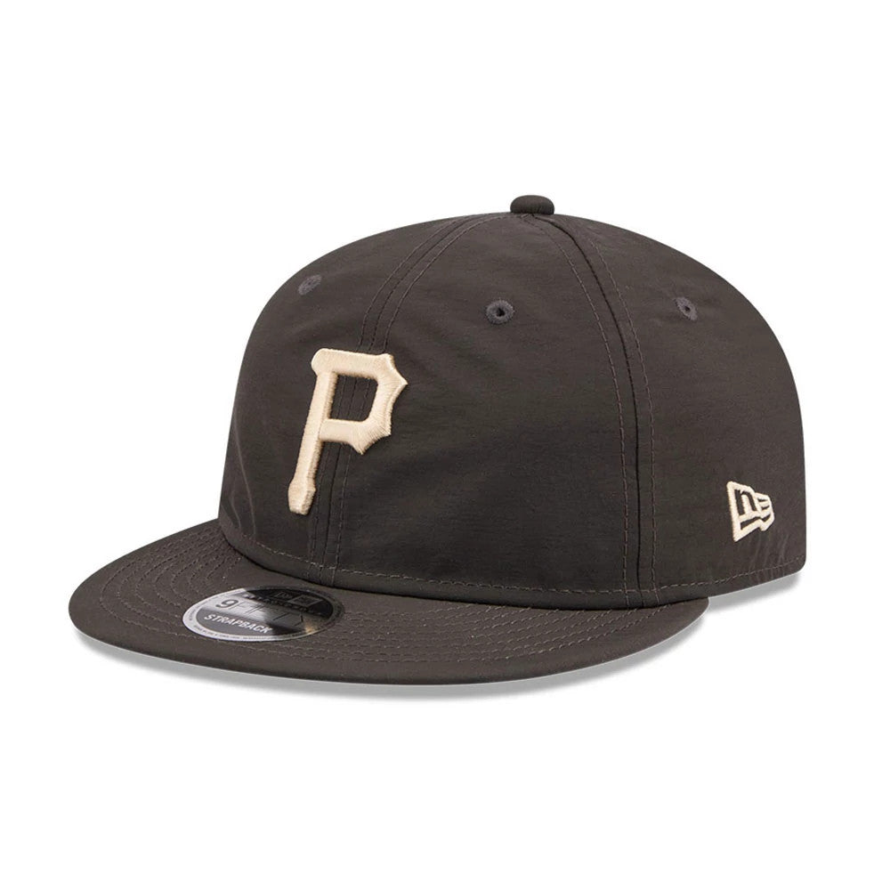 Pittsburgh Pirates MLB Nylon Black Retro Crown New Era 9FIFTY Adjustable Cap, three-quarter view showing the raised beige P embroidery on the front panel, black curved visor with a 9FIFTY size sticker, and New Era flag logo on the left side.