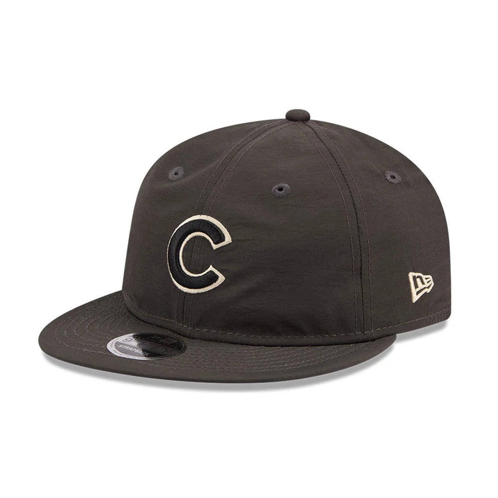 Chicago Cubs MLB Nylon Black Retro Crown New Era 9FIFTY Adjustable Cap, front three-quarter view showing a raised black and white embroidered C logo on the front panel, black visor with a 9FIFTY size sticker.