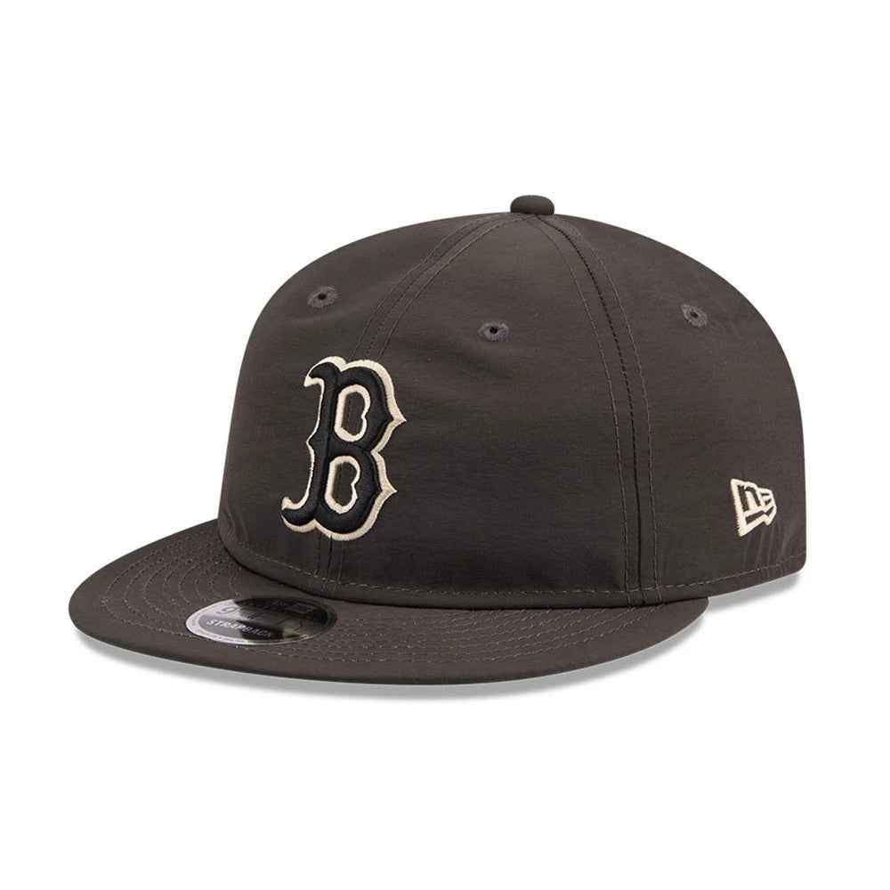 Boston Red Sox MLB Nylon Black Retro Crown New Era 9FIFTY Adjustable Cap, three-quarter view showing the raised embroidered B logo on the front panel, flat black visor with a 9FIFTY size sticker, and the New Era flag logo on the left side.