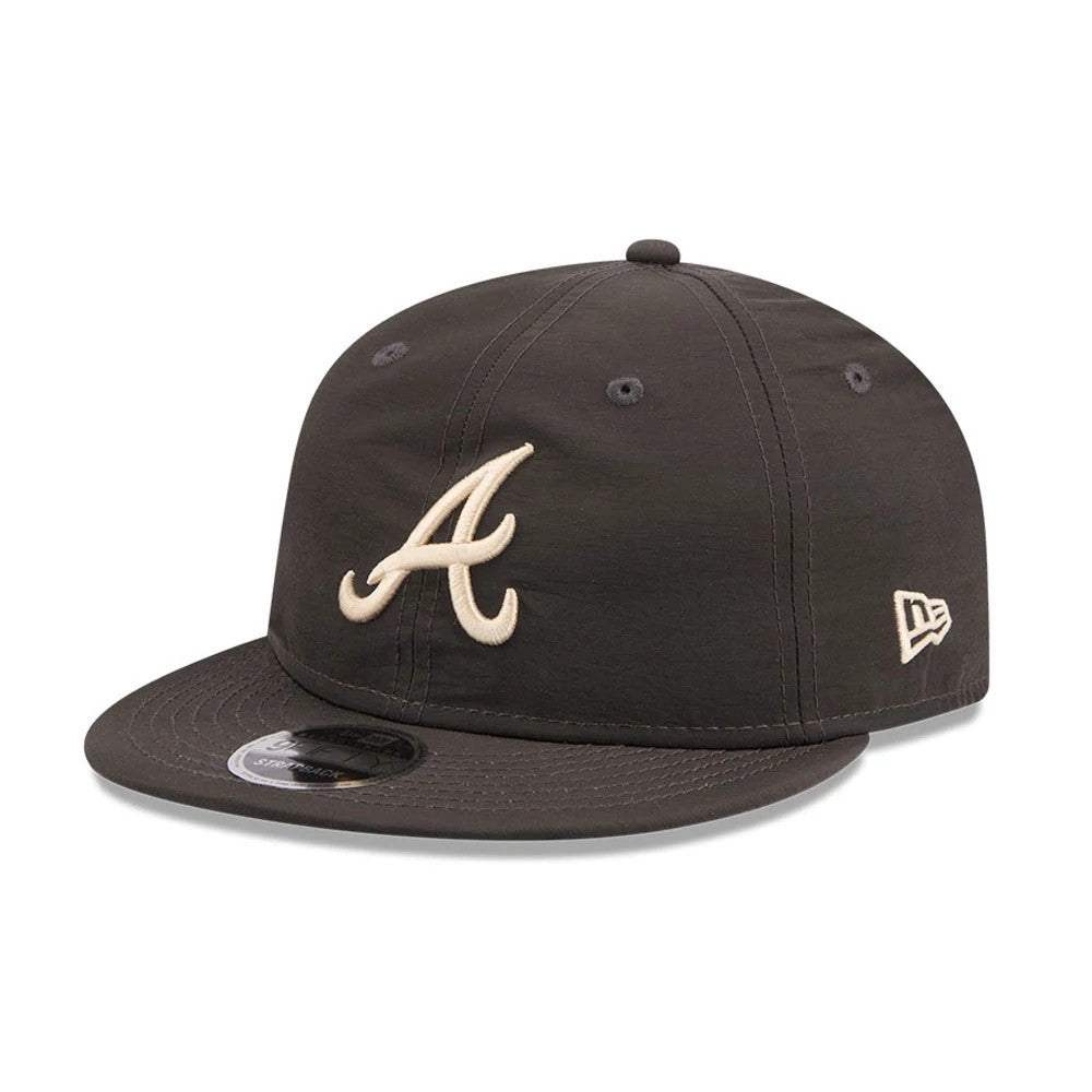 Atlanta Braves MLB Nylon Black Retro Crown New Era 9FIFTY Adjustable Cap, three-quarter view showing the raised cream embroidered A logo on the front panel, with a flat black visor and a New Era flag logo on the left side.