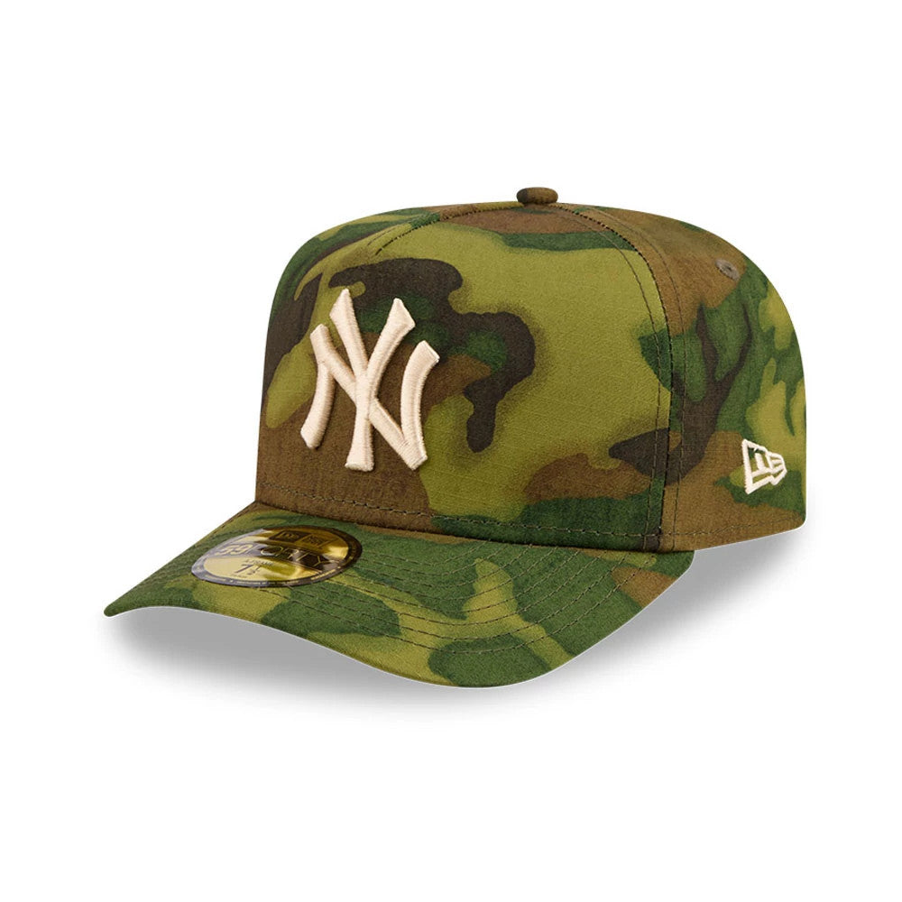 New York Yankees MLB Ripstop Camo New Era 59FORTY A-Frame Fitted Cap, three-quarter view showing the raised beige NY logo embroidered on the front panel, a camouflage-printed visor with a gold 59FORTY size sticker.