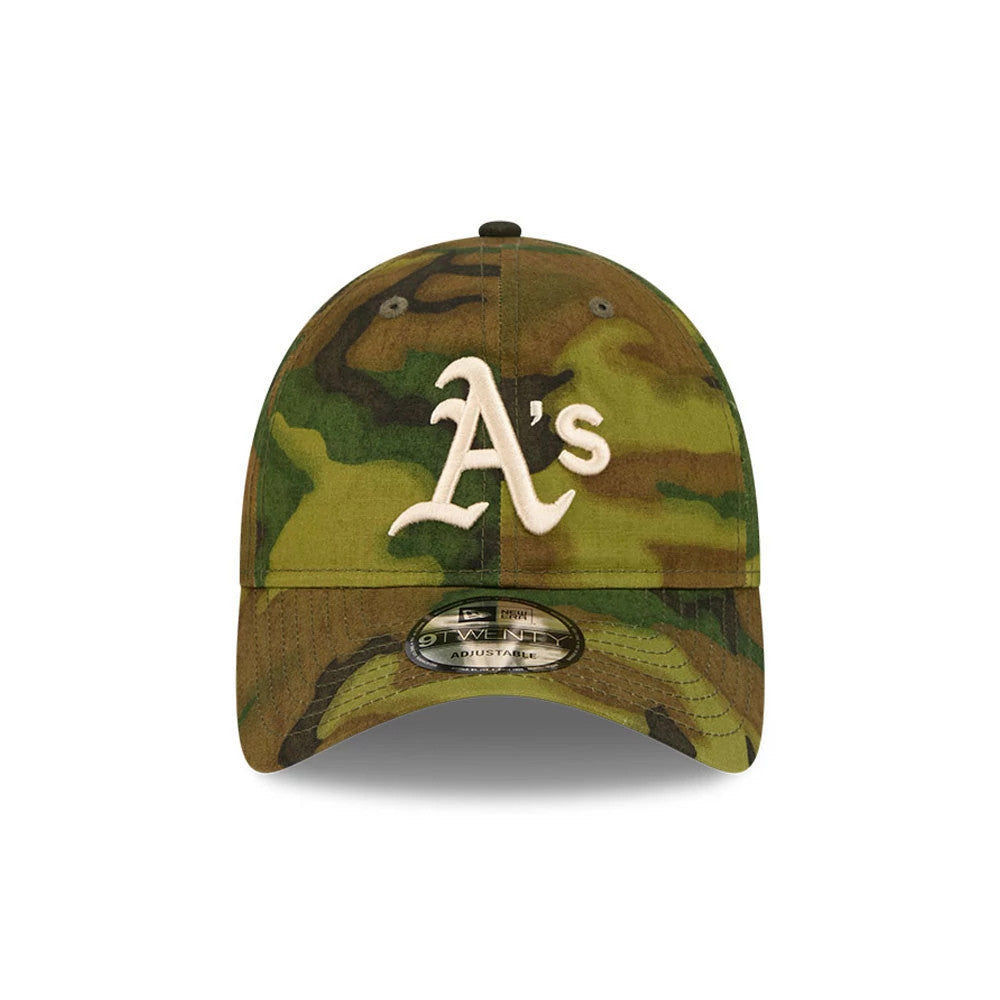 Athletics MLB Ripstop Camo New Era 9TWENTY Adjustable Cap, front view showing the raised white A's logo embroidered on the camouflage-patterned crown, featuring a curved visor and a 9TWENTY size sticker on the front edge.