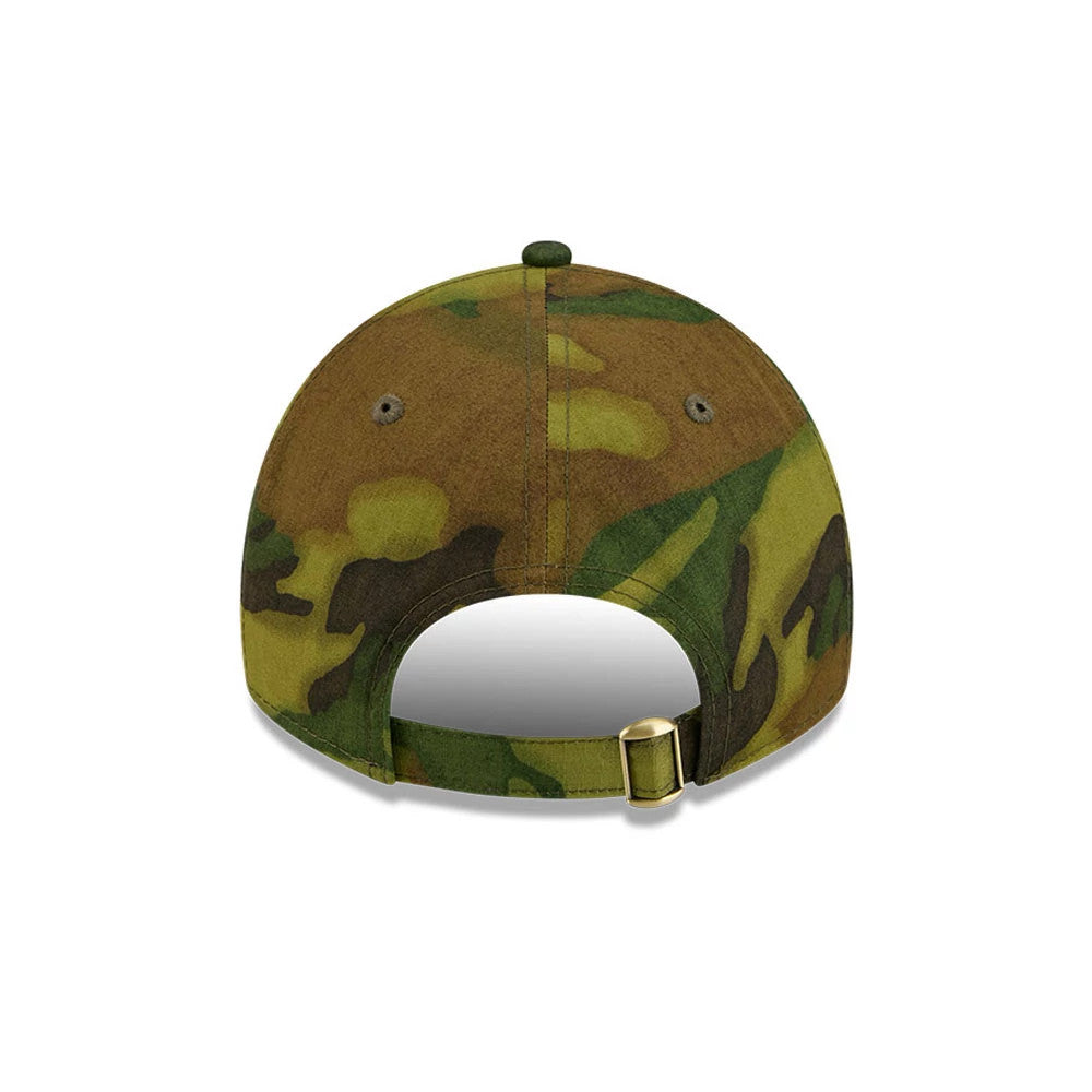 Athletics MLB Ripstop Camo New Era 9TWENTY Adjustable Cap, rear view showing a camo pattern with shades of green and brown across the panels, a buckle on the adjustable strap, and two grey eyelets on the sides.
