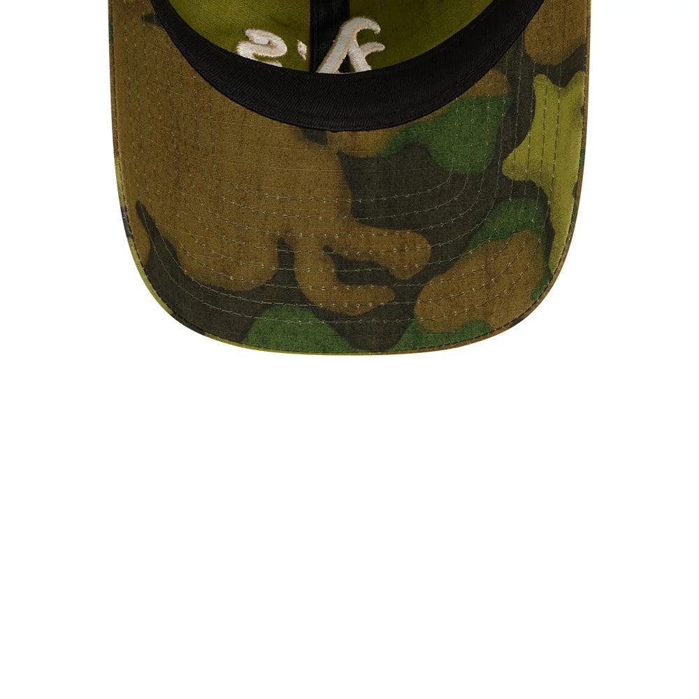 Athletics MLB Ripstop Camo New Era 9TWENTY Adjustable Cap, inside view showing the black sweatband, camo-patterned undervisor, and embroidered white interior logo on the structured fabric, displaying the cap's unique camouflage print design.