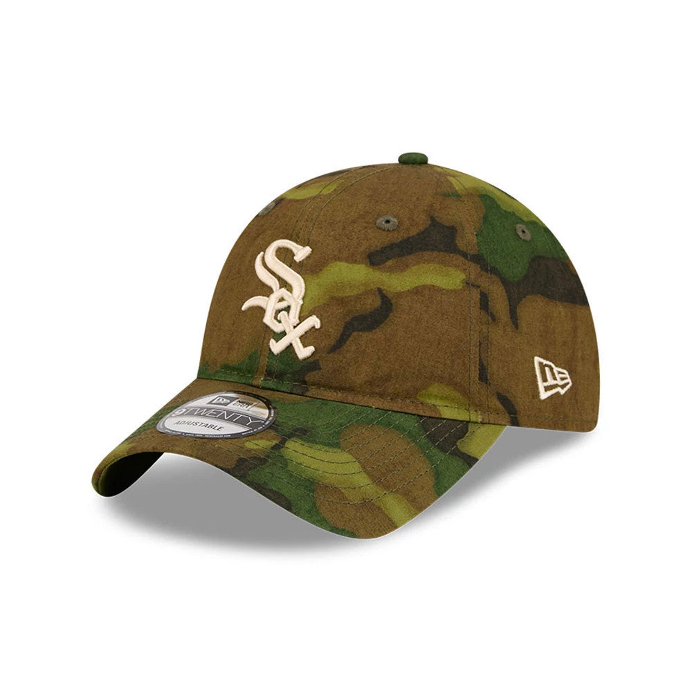Chicago White Sox MLB Ripstop Camo New Era 9TWENTY Adjustable Cap, front view showing the white embroidered Sox logo on the front panel, a camouflage pattern across the entire crown and visor, and a 9TWENTY size sticker on the curved visor.