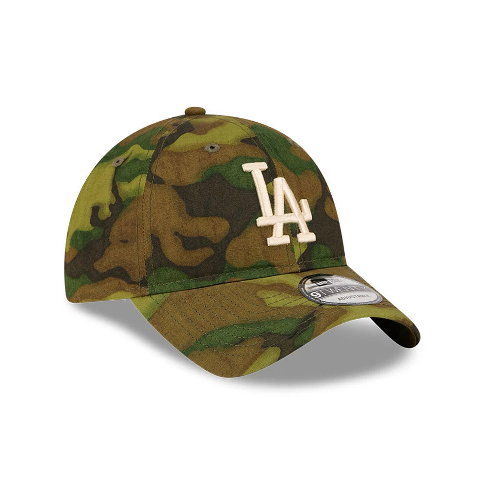 LA Dodgers MLB Ripstop Camo New Era 9TWENTY Adjustable Cap, front view showing a white embroidered LA logo on the structured camouflage crown, curved visor, and an attached 9TWENTY size sticker on the top of the visor.
