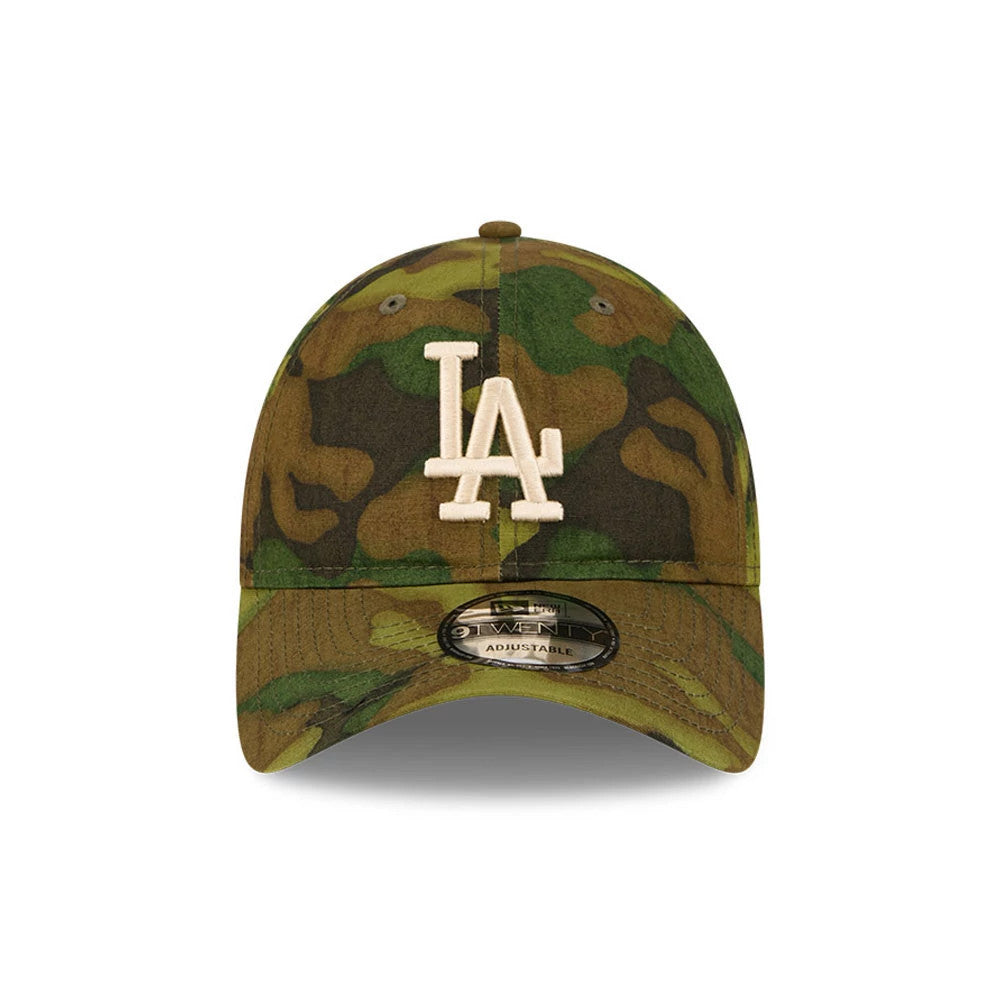 LA Dodgers MLB Ripstop Camo New Era 9TWENTY Adjustable Cap, front view showing a white embroidered LA logo on the structured camo crown, with a 9TWENTY size sticker on the curved camo visor and matching camo top button.