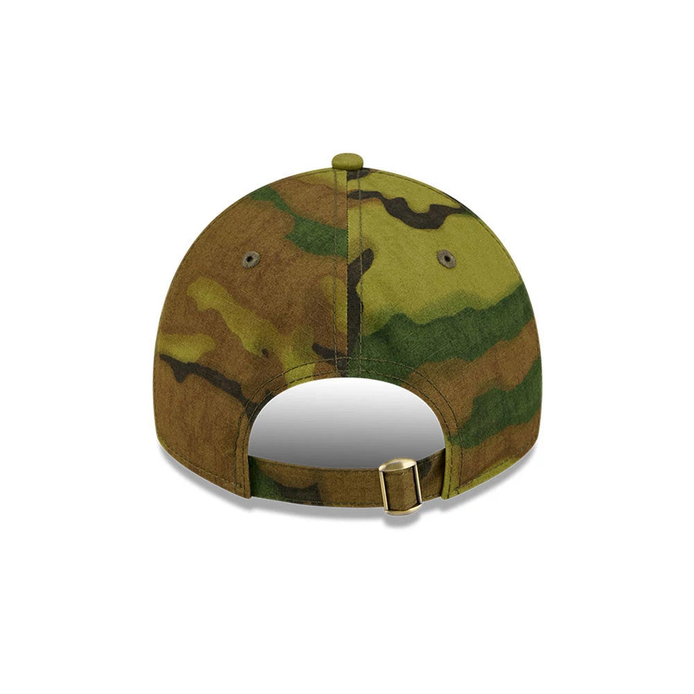 LA Dodgers MLB Ripstop Camo New Era 9TWENTY Adjustable Cap, rear view showing the camouflage pattern across the panels, with a gold buckle on the adjustable strap and eyelets on the structured crown below the top button.