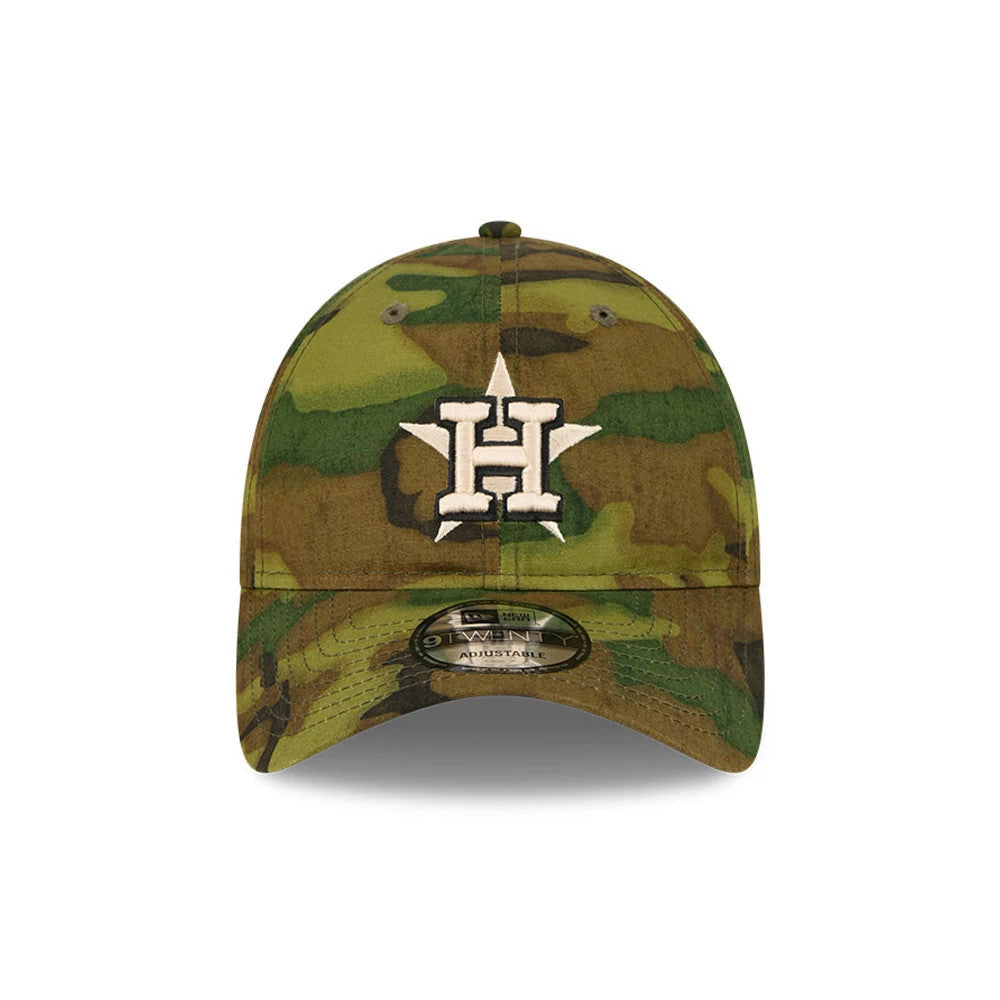 Houston Astros MLB Ripstop Camo New Era 9TWENTY Adjustable Cap, front view showing the white embroidered Houston Astros logo on the camo-patterned crown, with matching camo visor and a black 9TWENTY size sticker on the visor.