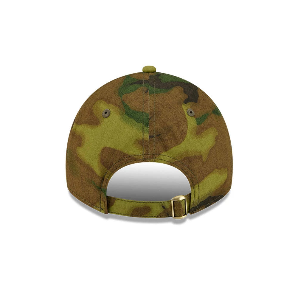 Boston Red Sox MLB Ripstop Camo New Era 9TWENTY Adjustable Cap, rear view showing a camouflage-patterned crown with two eyelets and a matching top button, featuring a fabric strap with a brass buckle for size adjustment.