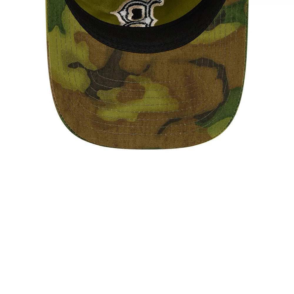 Boston Red Sox MLB Ripstop Camo New Era 9TWENTY Adjustable Cap, inside view showing the black sweatband, with the embroidered team logo on the green camo-patterned undervisor, revealing the rugged texture of the ripstop material.