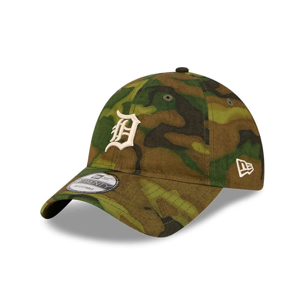 Detroit Tigers MLB Ripstop Camo New Era 9TWENTY Adjustable Cap, three-quarter view showing the white embroidered Detroit Tigers logo on the front panel, with a ripstop camo pattern and a structured curved visor with a 9TWENTY size sticker.
