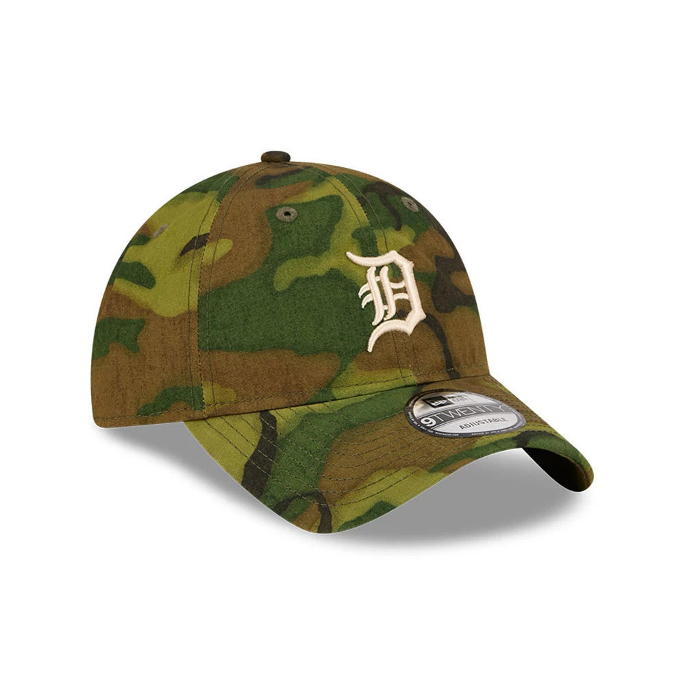 Detroit Tigers MLB Ripstop Camo New Era 9TWENTY Adjustable Cap, three-quarter view showing the raised white embroidered Detroit D logo on the front panel, green and brown camo pattern, and the 9TWENTY size sticker on the curved visor.