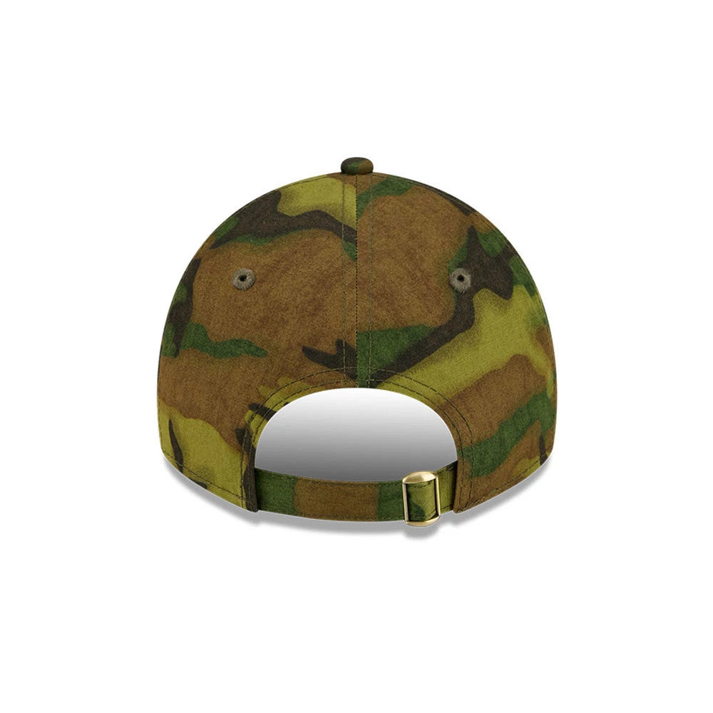 Detroit Tigers MLB Ripstop Camo New Era 9TWENTY Adjustable Cap, rear view showing the camo pattern on the unstructured crown, an adjustable strap with a buckle, and two embroidered eyelets for added design detail.