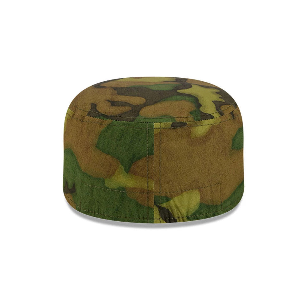 New Era LA Dodgers MLB Ripstop Camo Painter Cap, rear view showing a camouflage pattern in shades of green and brown covering the entire structured crown, with stitching lines and a flat top offering a rugged outdoor look.