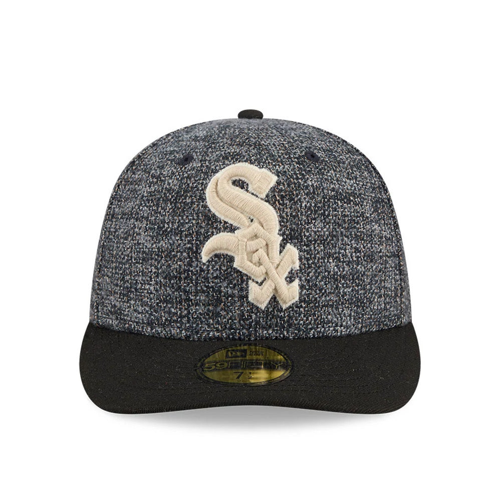 Chicago White Sox MLB Tweedy Cotton Black New Era 59FIFTY Fitted Cap, front view showing the raised cream embroidered Sox logo on a textured tweed-style crown, with a flat black visor and a gold 59FIFTY size sticker.