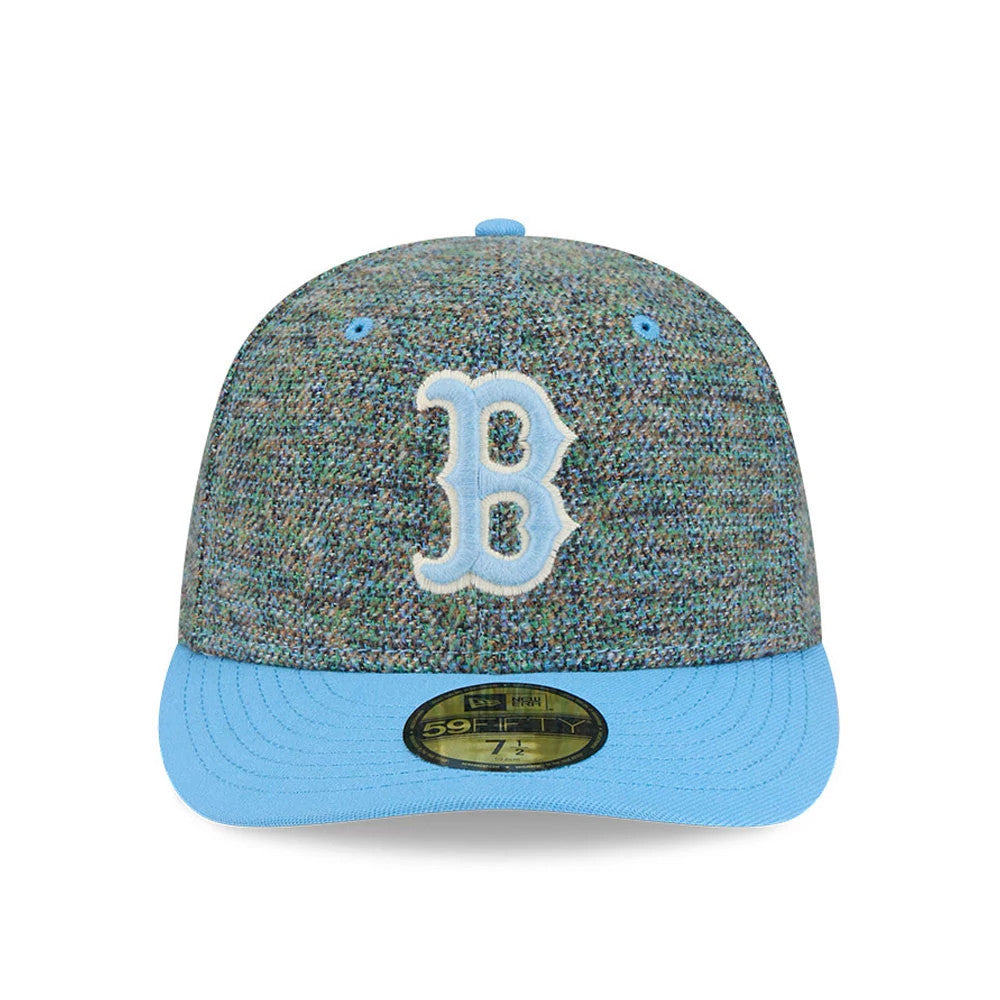 Boston Red Sox MLB Tweedy Cotton Pastel Blue New Era 59FIFTY Fitted Cap, front view showing a raised embroidered white and pastel blue B logo on the multicoloured tweed crown, with pastel blue visor and gold 59FIFTY size sticker.
