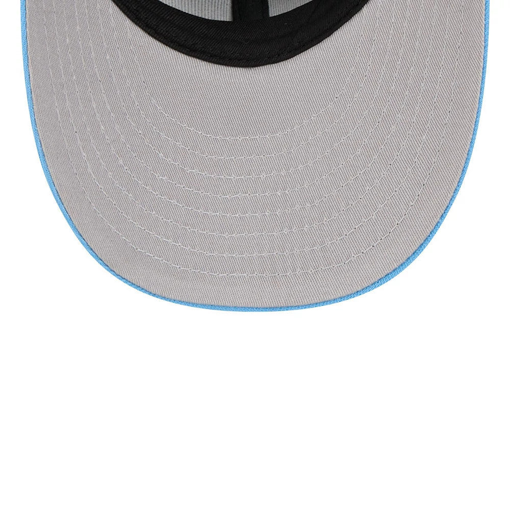 Boston Red Sox MLB Tweedy Cotton Pastel Blue New Era 59FIFTY Fitted Cap, inside view showing the grey undervisor with precise stitching, complemented by a black sweatband and black interior taping for a finished look.