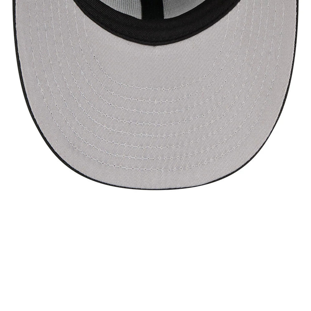LA Dodgers MLB Tweedy Cotton Black New Era 59FIFTY Fitted Cap, inside view showing the light grey undervisor with detailed stitching, black sweatband running along the interior edge, and white taping across the panel seams.