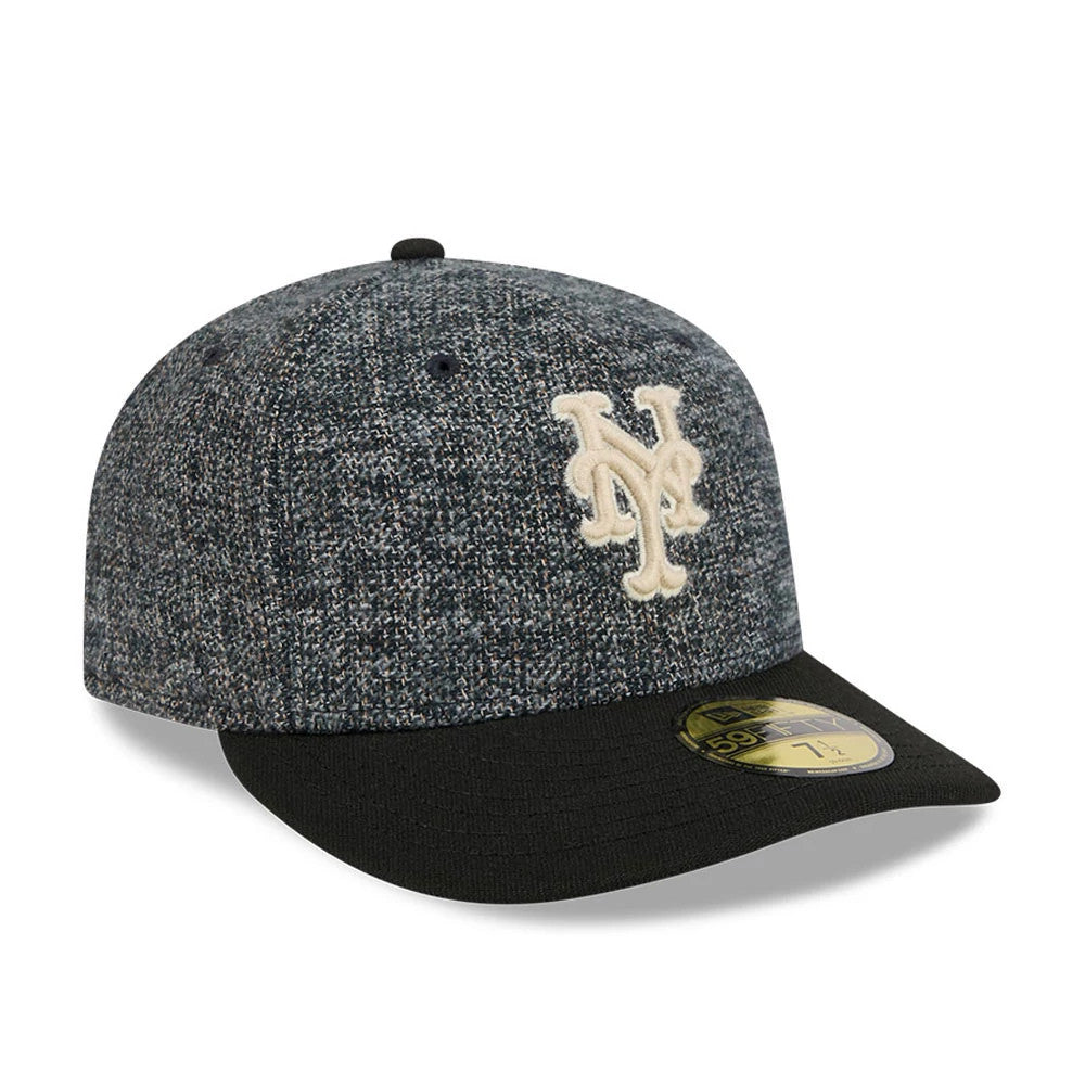 New York Mets MLB Tweedy Cotton Black New Era 59FIFTY Fitted Cap, front view showing the raised cream embroidered NY logo on the grey tweed crown, black flat visor, and gold 59FIFTY size sticker on the visor.