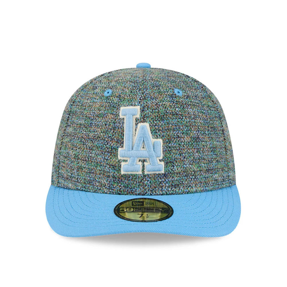LA Dodgers MLB Tweedy Cotton Pastel Blue New Era 59FIFTY Fitted Cap, front view showing a raised light blue embroidered LA logo on the speckled tweed front panel, with a pastel blue visor and a gold 59FIFTY size sticker.