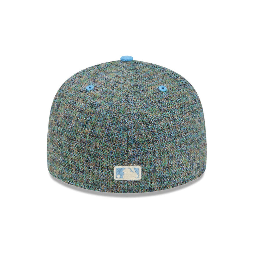 LA Dodgers MLB Tweedy Cotton Pastel Blue New Era 59FIFTY Fitted Cap, rear view showing the blue and white embroidered MLB Batterman logo centred on the multi-coloured textured crown, with pastel blue eyelets and top button.