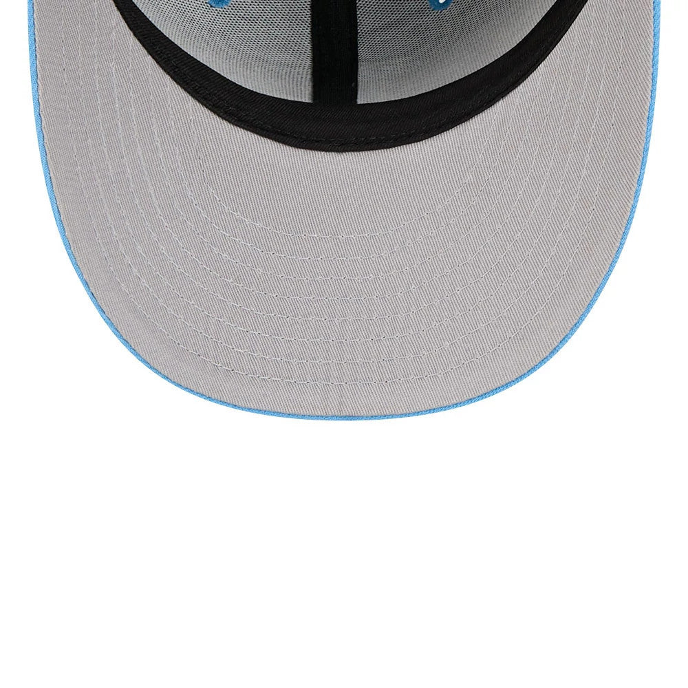 LA Dodgers MLB Tweedy Cotton Pastel Blue New Era 59FIFTY Fitted Cap, inside view showing the grey undervisor with a blue edge, a black sweatband running along the interior seam, and blue taping inside the structured crown.
