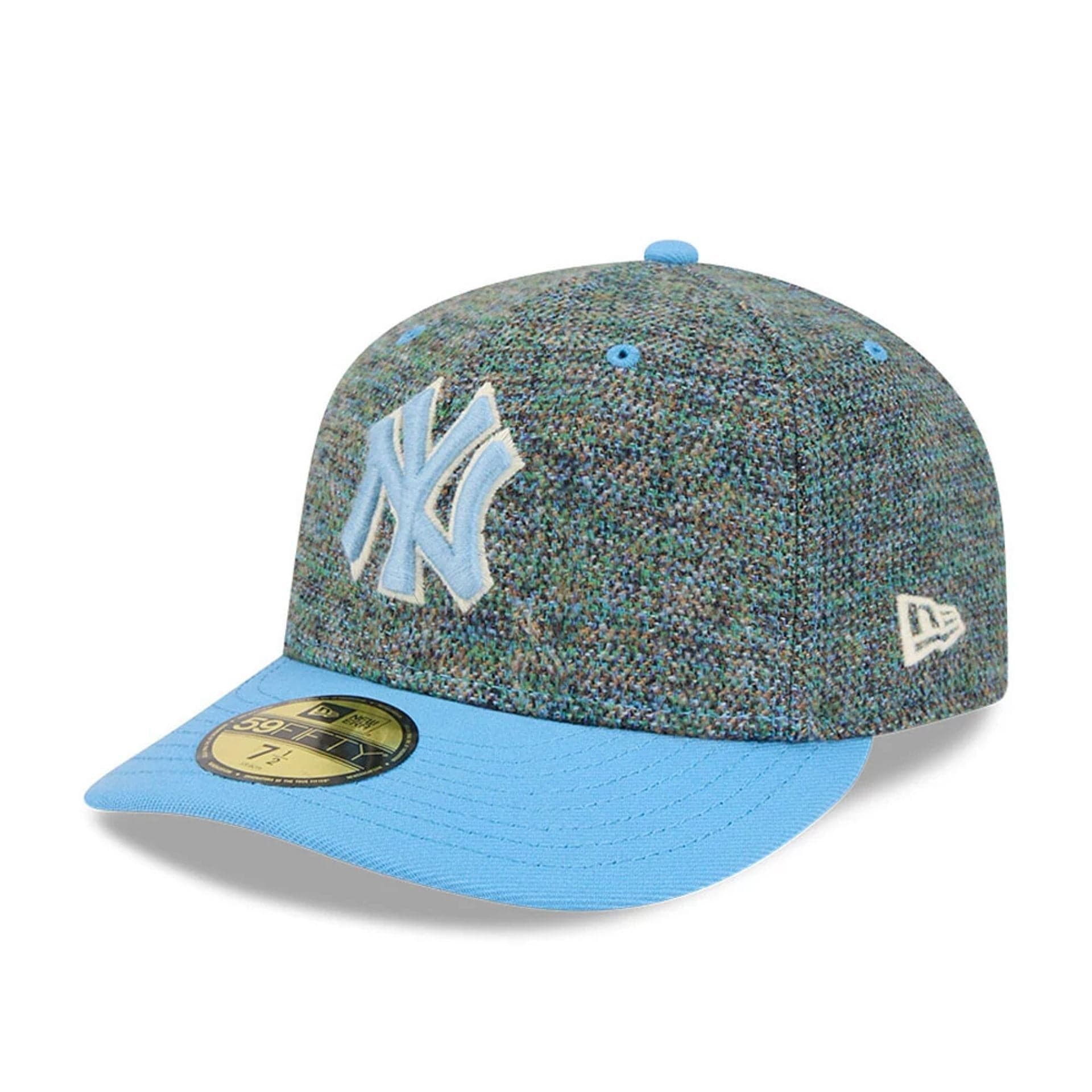 Pictured is this MLB Tweedy Cotton New York Yankees 59FIFTY Fitted cap in pastel blue. 1