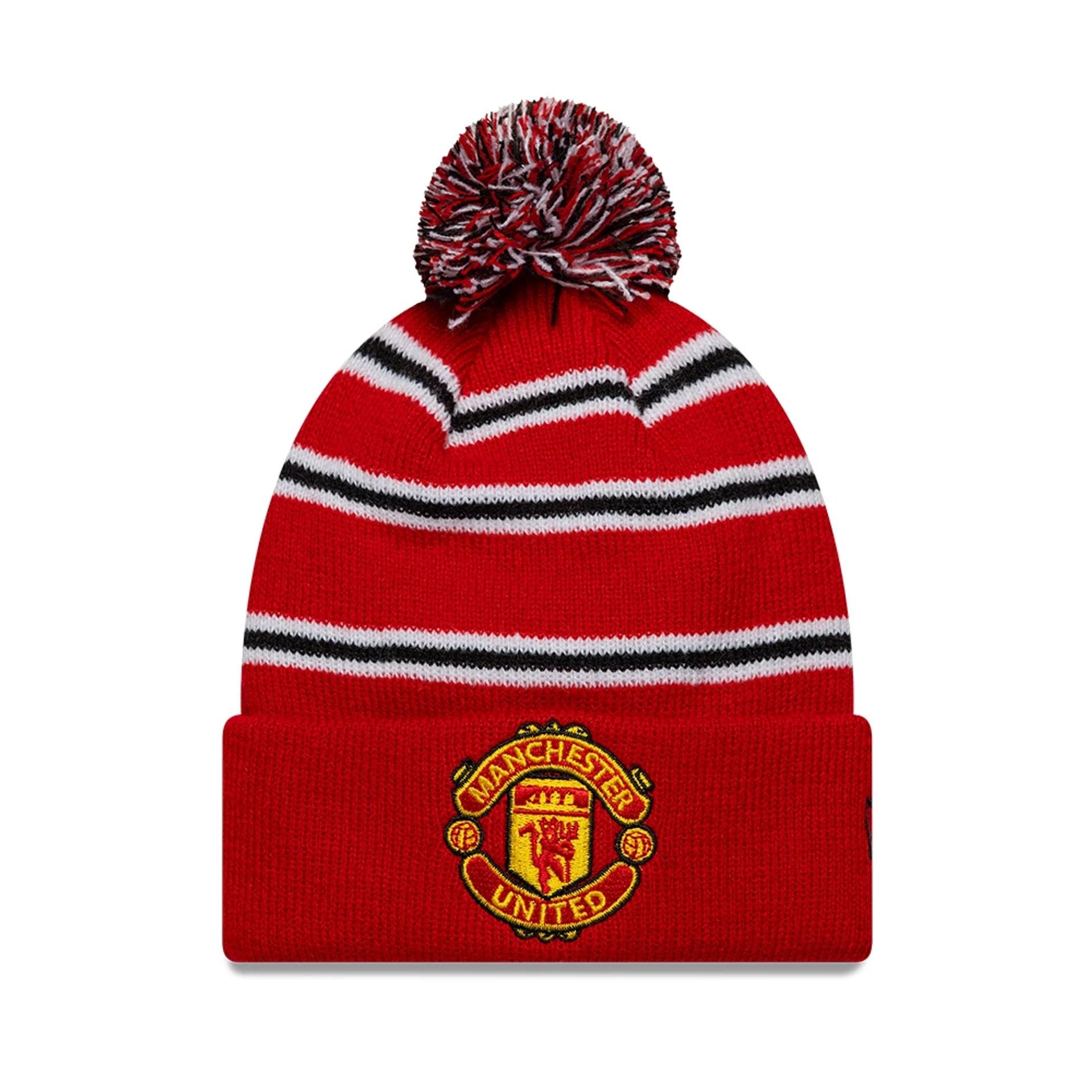 Pictured is this Infant Stripe Manchester United FC Cuff knit Beanie hat in red. 1