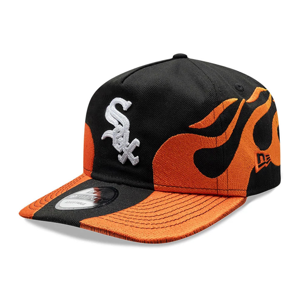 Chicago White Sox MLB Flame Black New Era 19TWENTY Cap, three-quarter view showing the raised white Sox logo embroidered on the front panel, with orange flame graphics wrapping around the side and over the black and orange visor.