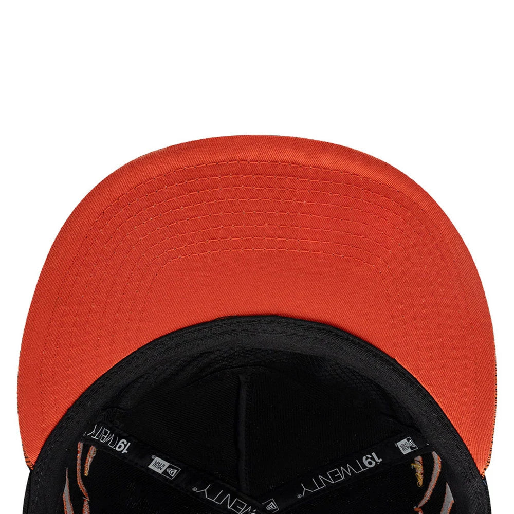 Chicago White Sox MLB Flame Black New Era 19TWENTY Cap, inside view showing the bright orange undervisor, black sweatband, and black taping with white 19TWENTY branding, all contrasting with the black interior fabric.