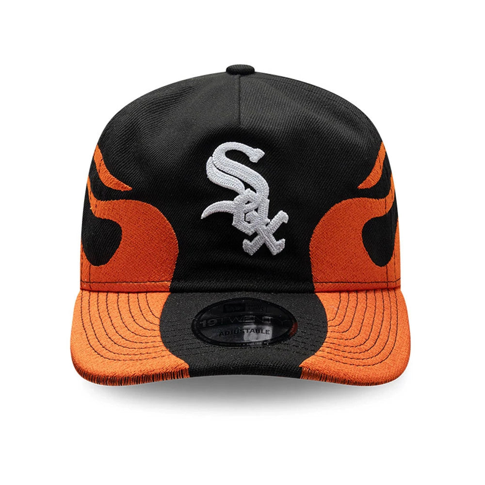 Chicago White Sox MLB Flame Black New Era 19TWENTY Cap, front view showing white embroidered team logo on the structured black crown, fiery orange flame graphics on the side panels, and contrasting orange visor with a 19TWENTY size sticker.