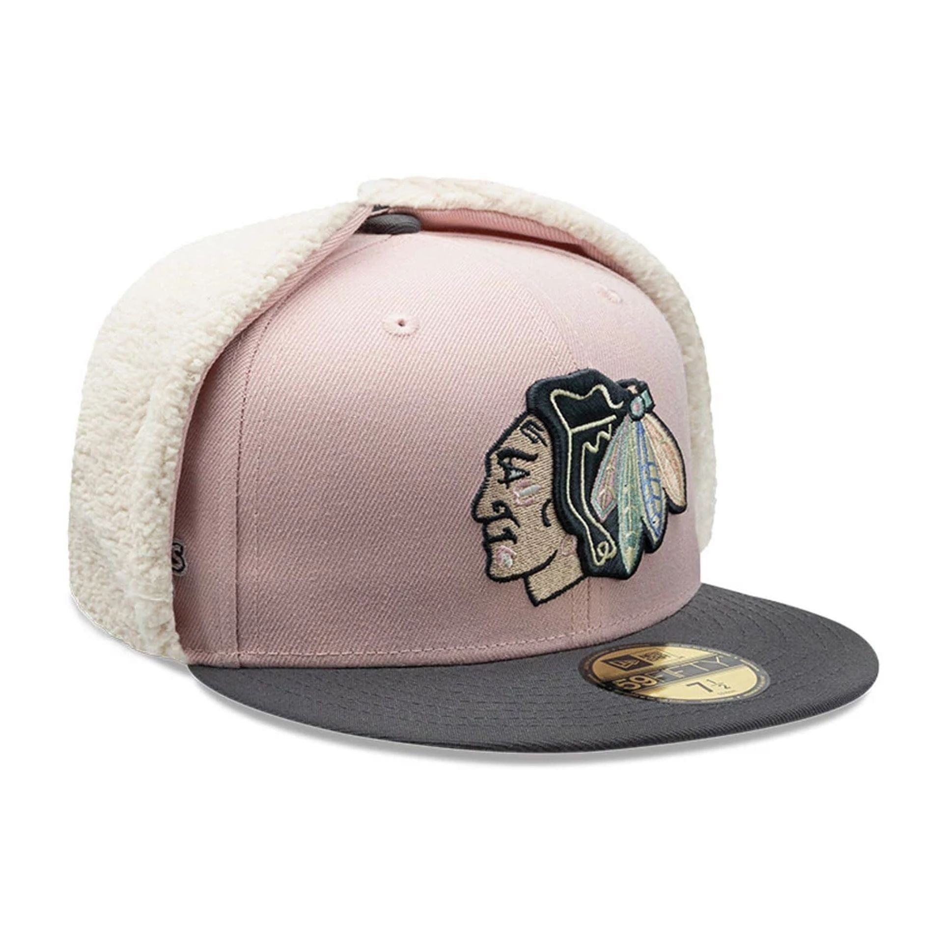 Pictured is this NHL Patch Chicago Blackhawks Dogear 59FIFTY Fitted cap in pastel pink. 1