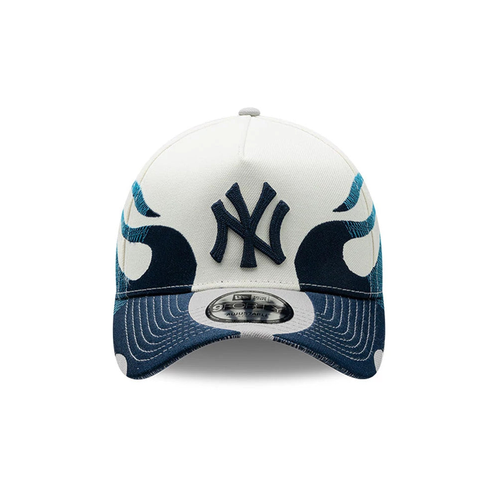 New York Yankees MLB Flame Cream New Era 9FORTY A-Frame Cap, front view showing a raised black NY logo embroidered on the cream front panel, dark navy visor with flame graphic wrapping around to the sides, and 9FORTY size sticker on the visor.