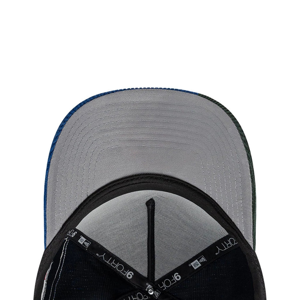 LA Dodgers MLB Patchwork Dark Blue New Era 9FORTY A-Frame Cap, inside view showing the grey undervisor, black sweatband with New Era and 9FORTY branding, and a black top button connected to the inner taping.
