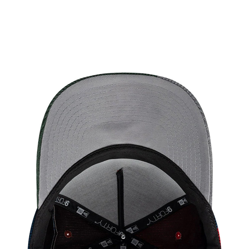 New Era Patchwork Red 9FORTY A-Frame Cap, inside view showing a grey undervisor, black sweatband with repeating 9FORTY logos, and dark red eyelets on the crown, revealing a patchwork design.