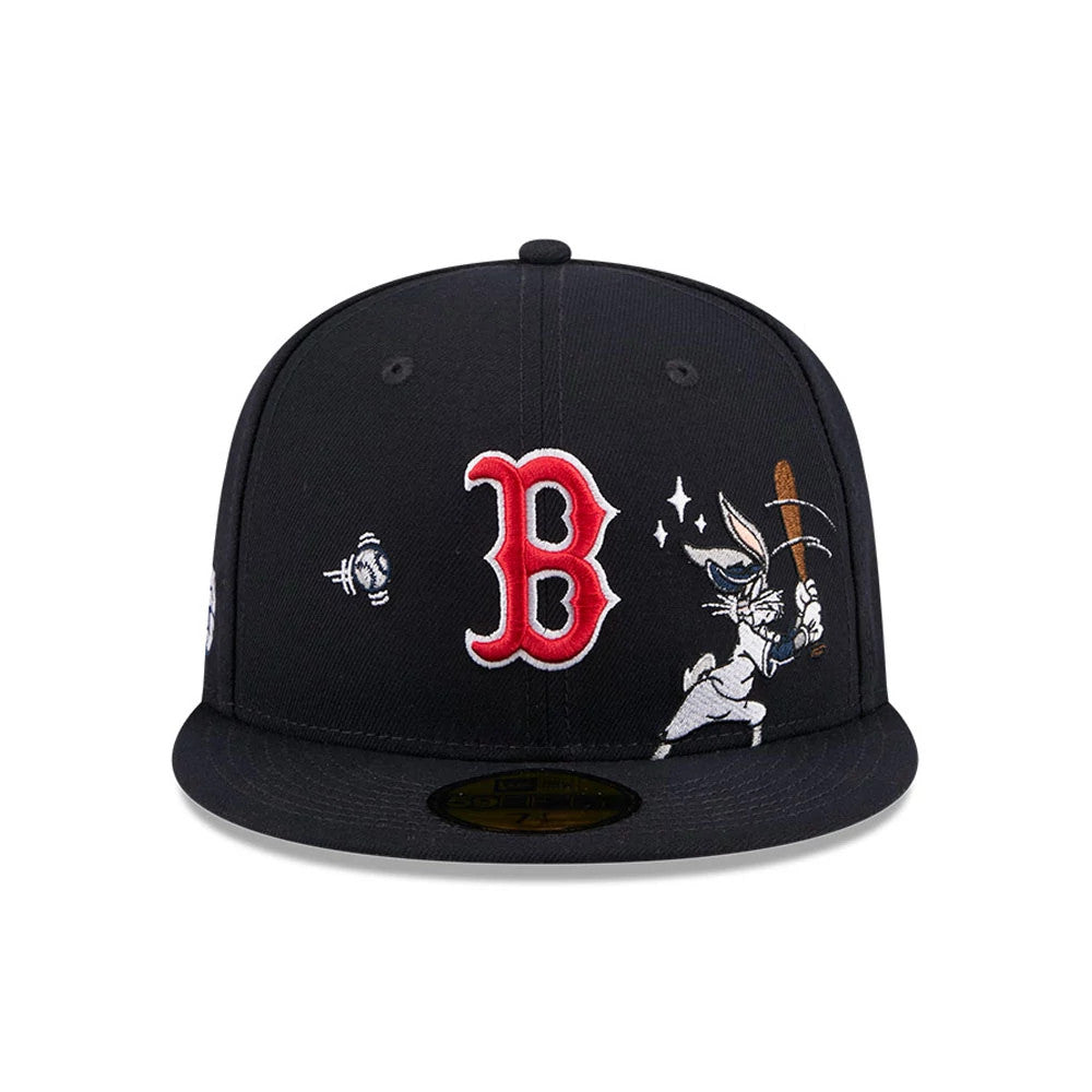 Boston Red Sox MLB X Looney Tunes Bugs Bunny Navy New Era 59FIFTY Fitted Cap, front view showing a red embroidered B logo, Bugs Bunny with a bat cartoon on the right panel, and a small baseball graphic on the left panel.