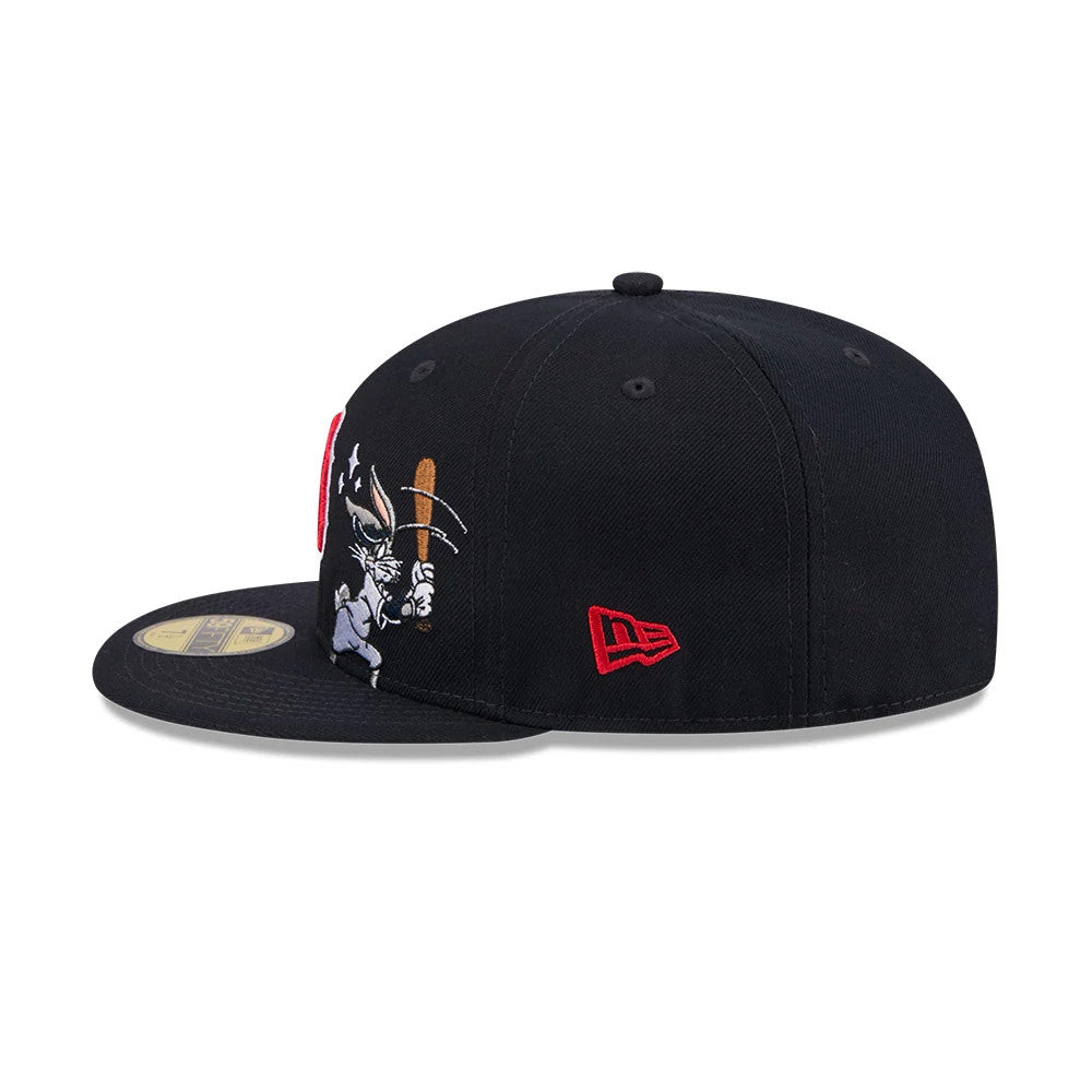 Boston Red Sox MLB X Looney Tunes Bugs Bunny Navy New Era 59FIFTY Fitted Cap, side view with a red New Era flag logo on the left side, detailed embroidery of Bugs Bunny swinging a bat on the front panel.