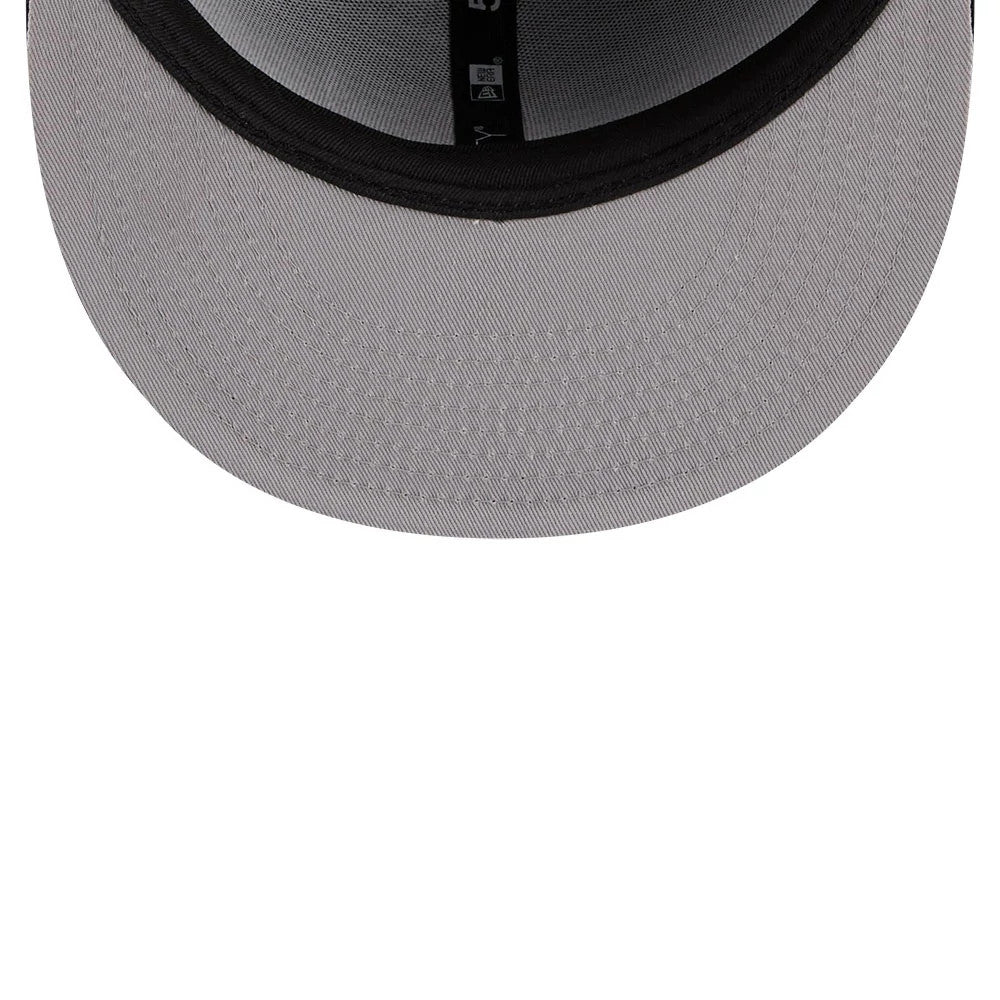 Boston Red Sox MLB X Looney Tunes Bugs Bunny Navy New Era 59FIFTY Fitted Cap, inside view showing the grey undervisor with black taping along the interior seams, and a black sweatband lining the edge for added comfort and structure.