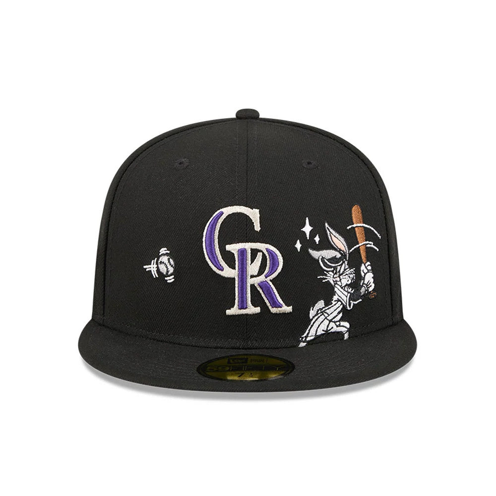 Pictured is this MLB X Looney Tunes Bugs Bunny Colorado Rockies 59FIFTY Fitted cap in black. 3